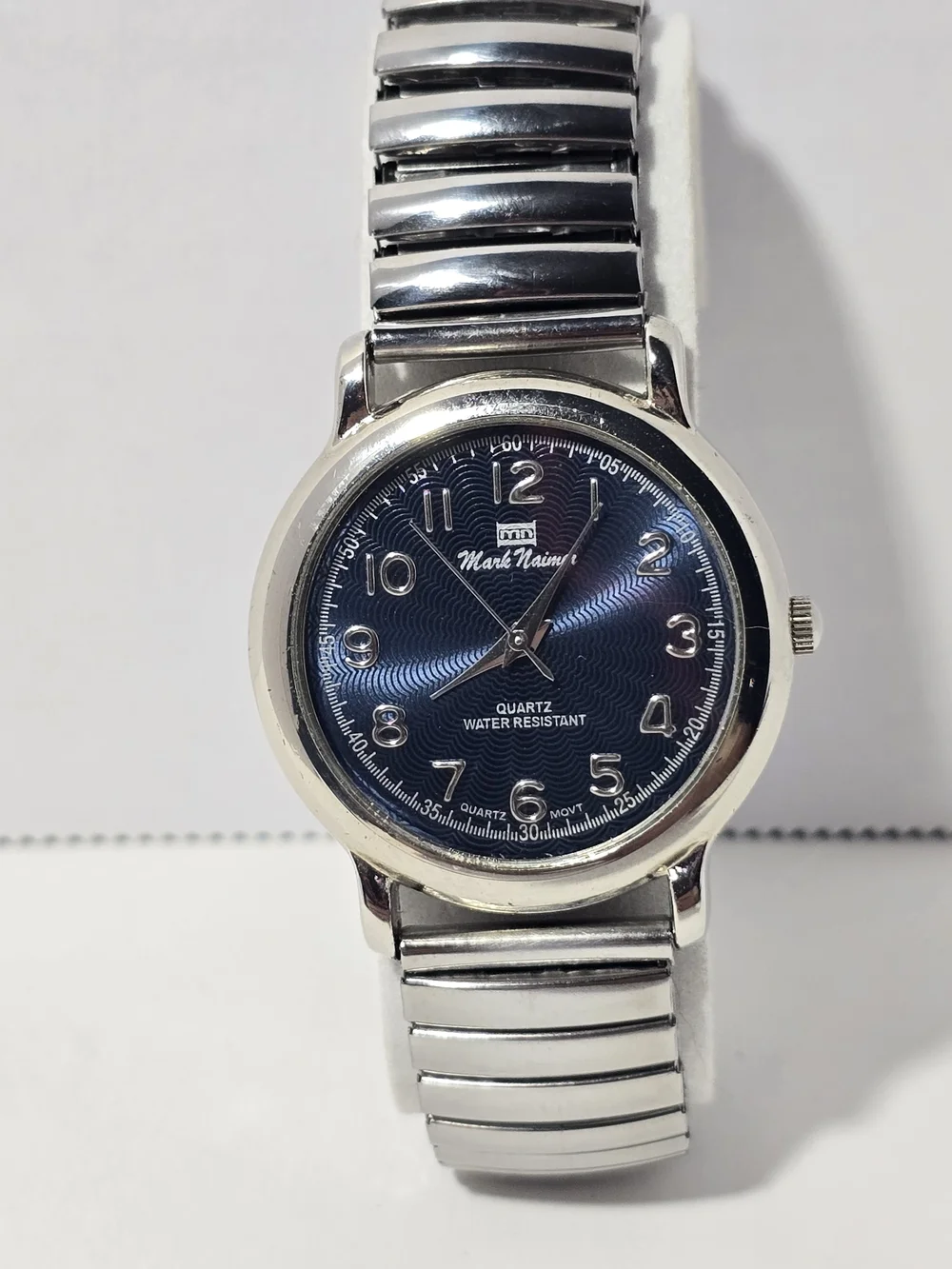 Vintage Mark Naimer Silver Tone Expandable Stretch Band Watch – Navy Blue Dial.
